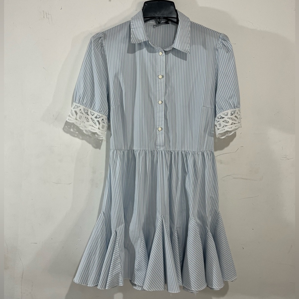 ADL Blue White Striped Shirt Dress Lace Sleeve Ruffle Hem Size XL - Picture 4 of 7